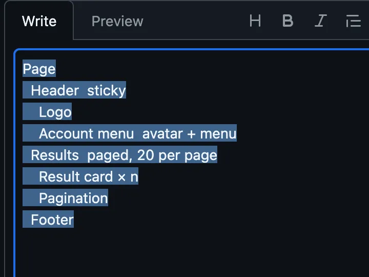 Before: the issue's description field on the Write tab, with the page outline typed as a plain indented list and selected. Notes such as sticky and paged, 20 per page follow the item names after two spaces.