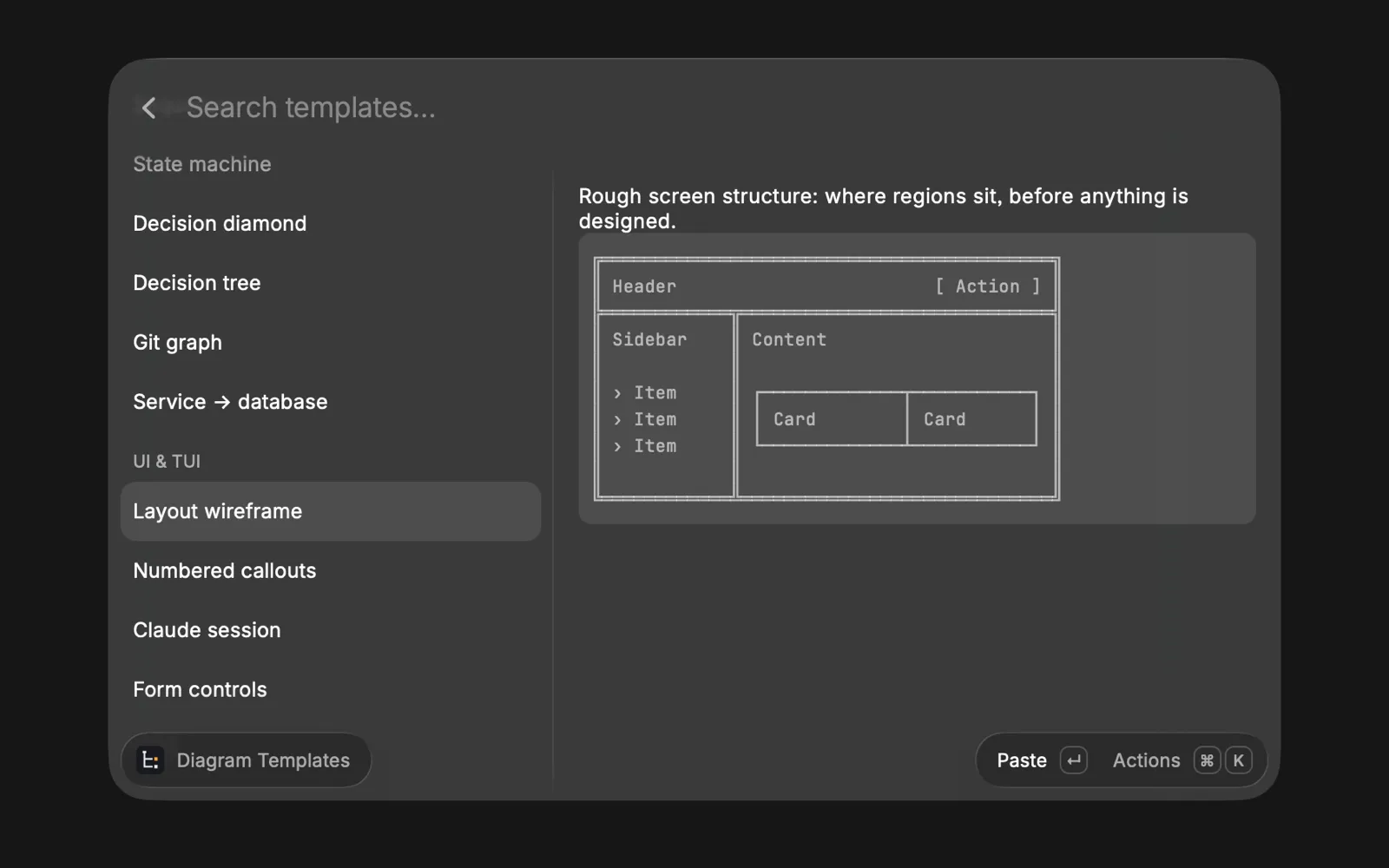 Raycast's Diagram Templates, with Layout wireframe selected in the UI & TUI section. The preview shows a text wireframe of a screen: a header with an Action button, a sidebar with three items and a content area with two cards.