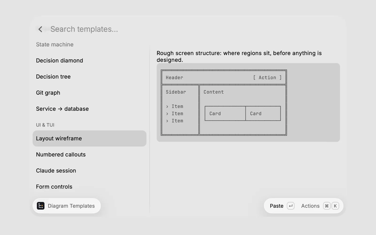 Raycast's Diagram Templates, with Layout wireframe selected in the UI & TUI section. The preview shows a text wireframe of a screen: a header with an Action button, a sidebar with three items and a content area with two cards.